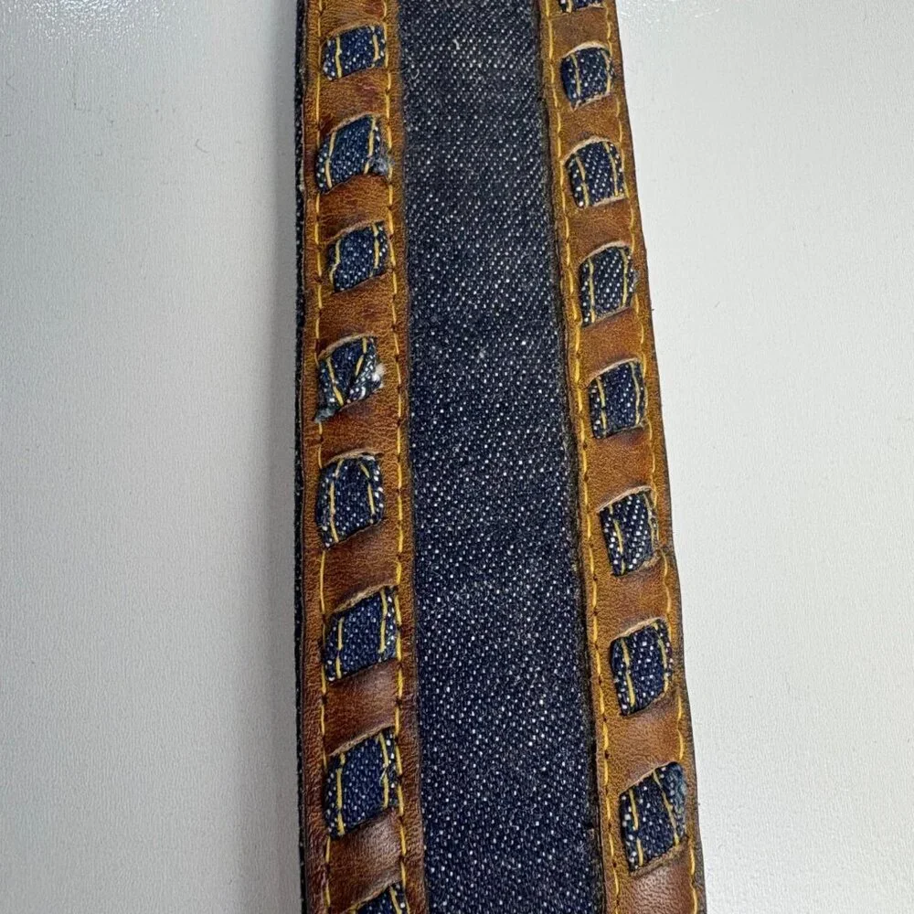 VTG Bechelli‎ Mens Hand-Laced Steerhide Leather Denim Belt Brass Buckle- Size 36
